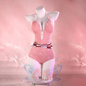 Nezuko cosplay swimsuit front view with a pink patterned one-piece suit, white collar, and waist band