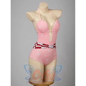 Nezuko cosplay swimsuit angled view traces the pink bodysuit neckline and red checked waist band.