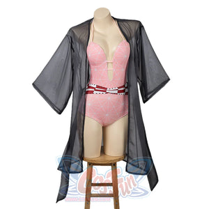 COSFUN Nezuko cosplay swimsuit set layers a pink one-piece under a black sheer cover-up and red waist trim.