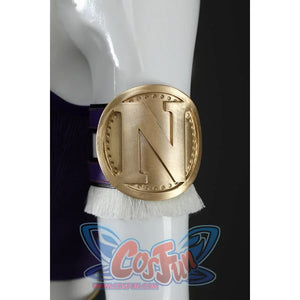 Close-up of Nico Robin cosplay costume arm ring with purple band, white fringe, and round gold N medallion