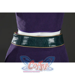 Back waist close-up of Nico Robin cosplay costume with green textured belt, gold piping, purple top, and skirt