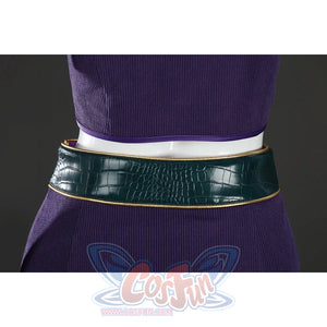 Back waist close-up of Nico Robin cosplay costume with green textured belt, gold piping, purple top, and skirt