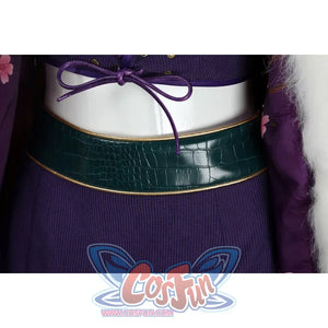 Waist close-up of Nico Robin cosplay costume with purple top hem, green textured belt, skirt, and white fur edge