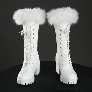 Front view of Nico Robin cosplay boots with white lace-up shafts, fluffy fur trim, chunky heels, and lug soles