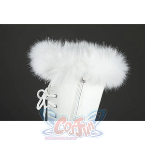 Close-up of Nico Robin cosplay boots showing white fluffy fur trim, lace area, side zipper, and soft lining