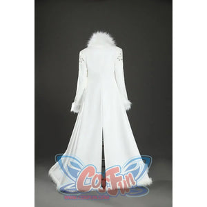 Back mannequin view of Nico Robin cosplay costume white coat with fur collar, cuffs, center seam, and flared hem
