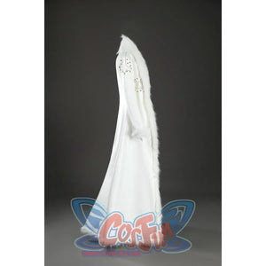 Side view of Nico Robin cosplay costume white coat with fur collar, fur cuff, gold sleeve trim, and long hem