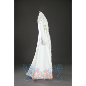 Side view of Nico Robin cosplay costume white coat with fur collar, fur cuff, gold sleeve trim, and long hem