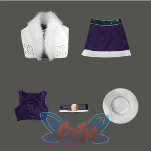 Flat lay of Nico Robin cosplay costume pieces with white fur-trimmed coat, purple skirt, lace-up top, belt, and hat