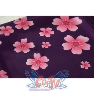 Close-up of Nico Robin cosplay costume purple floral fabric with pink blossoms and soft printed pattern