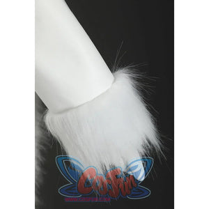 Close-up of Nico Robin cosplay costume white sleeve cuff with fluffy fur trim and smooth white fabric