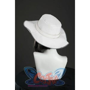 Back angled view of Nico Robin cosplay costume white hat with textured crown, black trim, and short black wig