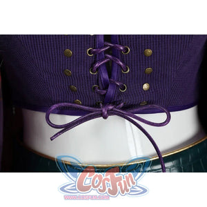 Close-up of Nico Robin cosplay costume vest lacing with purple cord, brass eyelets, studs, and tied bow