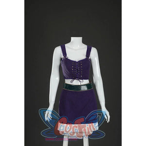 Front view of Nico Robin cosplay costume purple lace-up top with gold studs, green belt, and fringe skirt