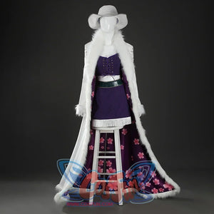 Front mannequin view of Nico Robin cosplay costume with white hat, fur-trimmed coat, purple top, skirt, and green belt