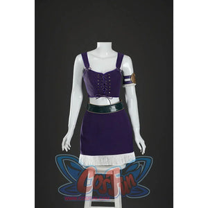 Front mannequin view of Nico Robin cosplay costume with purple lace-up top, fringe skirt, green belt, and arm ring