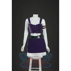 Front mannequin view of Nico Robin cosplay costume with purple lace-up top, fringe skirt, green belt, and arm ring