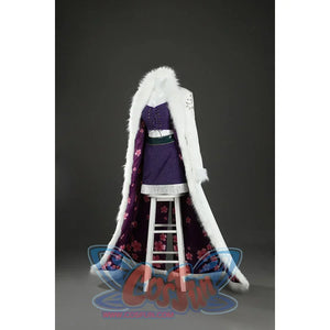 Front mannequin view of Nico Robin cosplay costume with open white coat, purple lace-up top, skirt, and green belt