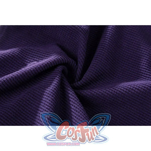 Close-up of Nico Robin cosplay costume dark purple ribbed fabric showing soft folds and visible weave texture