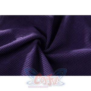 Close-up of Nico Robin cosplay costume dark purple ribbed fabric showing soft folds and visible weave texture