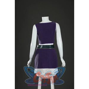 Back view of Nico Robin cosplay costume purple top with green belt, fringe skirt, and plain back panel