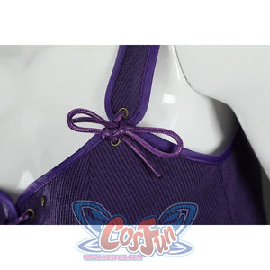 Angled close-up of Nico Robin cosplay costume vest shoulder with bow, metal eyelets, ribbed fabric, and trim