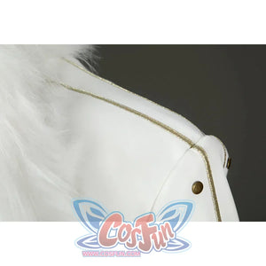 Close-up of Nico Robin cosplay costume coat shoulder with gold trim, bronze studs, and white fur collar edge