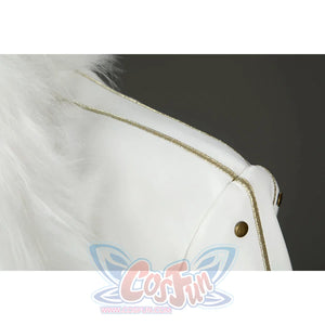 Close-up of Nico Robin cosplay costume coat shoulder with gold trim, bronze studs, and white fur collar edge