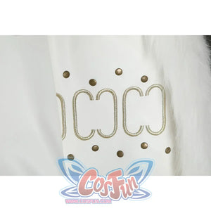 Close-up of Nico Robin cosplay costume sleeve with gold loop embroidery, bronze studs, and white fur edge