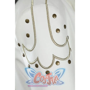 Close-up of Nico Robin cosplay costume sleeve showing gold embroidered loops, bronze studs, and white fabric