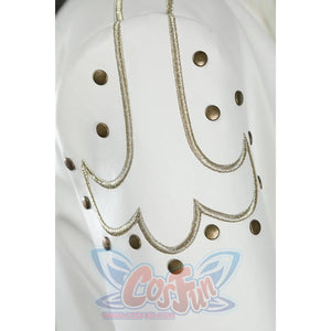 Close-up of Nico Robin cosplay costume sleeve showing gold embroidered loops, bronze studs, and white fabric