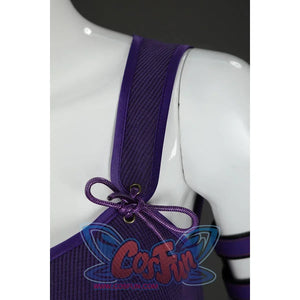 Close-up of Nico Robin cosplay costume shoulder strap with purple bow, eyelets, ribbed fabric, and trim