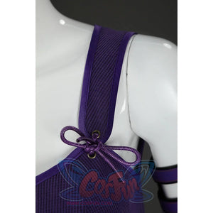Close-up of Nico Robin cosplay costume shoulder strap with purple bow, eyelets, ribbed fabric, and trim