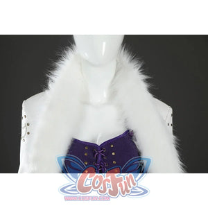 Close-up of Nico Robin cosplay costume neckline with white fur collar, purple lace-up top, gold studs, and sleeve trim