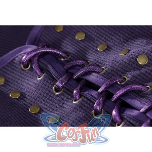 Extreme close-up of Nico Robin cosplay costume purple vest lacing with purple cord, brass eyelets, and studs