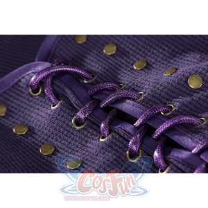 Extreme close-up of Nico Robin cosplay costume purple vest lacing with purple cord, brass eyelets, and studs
