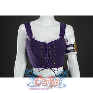 Front close-up of Nico Robin cosplay costume purple vest with lace-up cord, gold studs, and arm ring