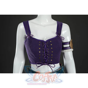 Front close-up of Nico Robin cosplay costume purple vest with lace-up cord, gold studs, and arm ring