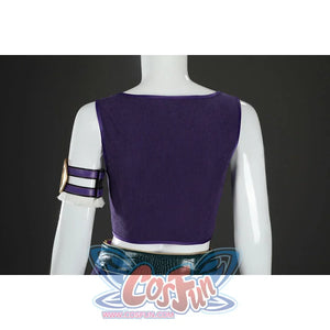 Back close-up of Nico Robin cosplay costume purple vest with trim, arm ring, gold medallion, and white fringe