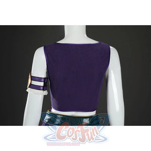 Back close-up of Nico Robin cosplay costume purple vest with trim, arm ring, gold medallion, and white fringe