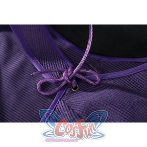 Close-up of Nico Robin cosplay costume purple vest with ribbed texture, trim, lace-up bow, and metal eyelet