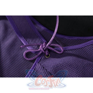 Close-up of Nico Robin cosplay costume purple vest with ribbed texture, trim, lace-up bow, and metal eyelet