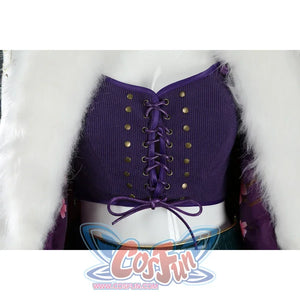 Close-up of Nico Robin cosplay costume vest framed by white fur jacket edges, gold studs, and green belt