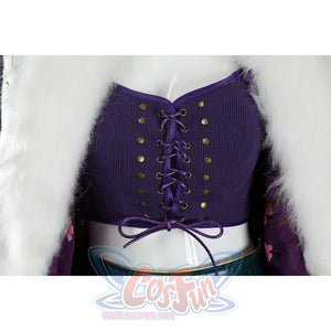 Close-up of Nico Robin cosplay costume vest framed by white fur jacket edges, gold studs, and green belt
