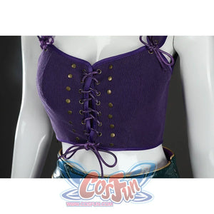 Close-up of Nico Robin cosplay costume purple ribbed vest with center lacing, gold studs, bow, and green belt