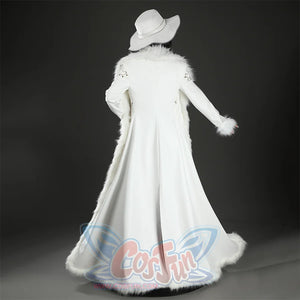 Back view of Nico Robin cosplay costume with white hat, long fur-trimmed coat, flared hem, and center seam