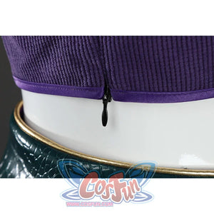 Close-up of Nico Robin cosplay costume side hem with purple trim, small zipper pull, and green textured belt