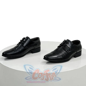 Final Fantasy XV Noctis The Chosen King cosplay shoes crafted from matte black faux leather beside a classic derby profile.