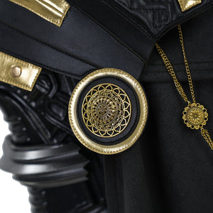 Final Fantasy XV Noctis The Chosen King cosplay costume layers a metallic floral brooch and gold-tone chain on black fabric.