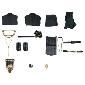 Final Fantasy XV Noctis The Chosen King cosplay costume presents various black garments paired beside ornate gold-tone armor.